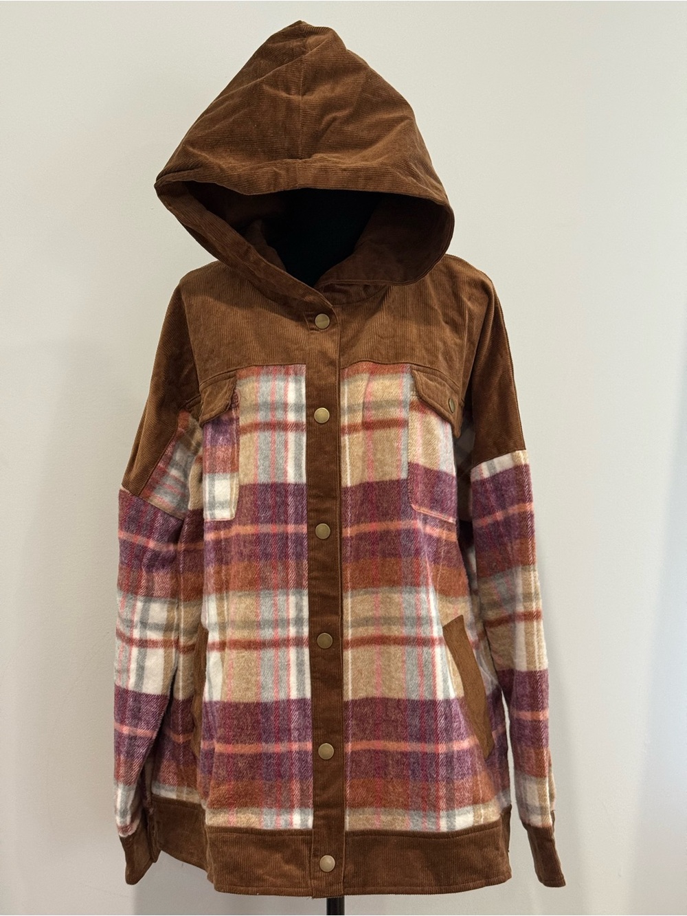Like Love 1X Brown Plaid Hooded Jacket - Women's Cozy Fall Coat 641